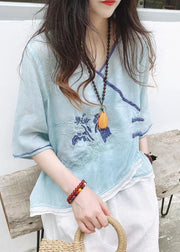 Casual Green Asymmetrical Button Linen Tops Half Sleeve