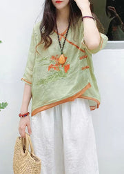 Casual Green Asymmetrical Button Linen Tops Half Sleeve