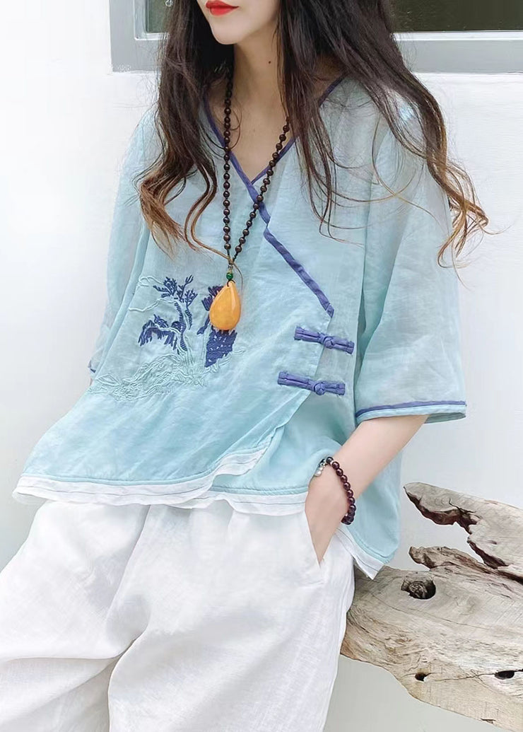 Casual Green Asymmetrical Button Linen Tops Half Sleeve