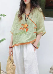 Casual Green Asymmetrical Button Linen Tops Half Sleeve