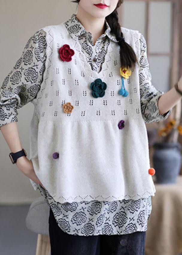 Casual Beige Embroideried Hollow Out Fall Knit Vest Sleeveless - bagstylebliss
