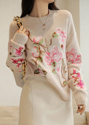 Chic Apricot O-Neck Embroidered Patchwork Woolen Top Fall