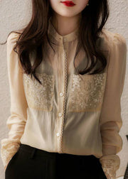 Chic Apricot Stand Collar button Lace Patchwork Chiffon Blouse Top Spring