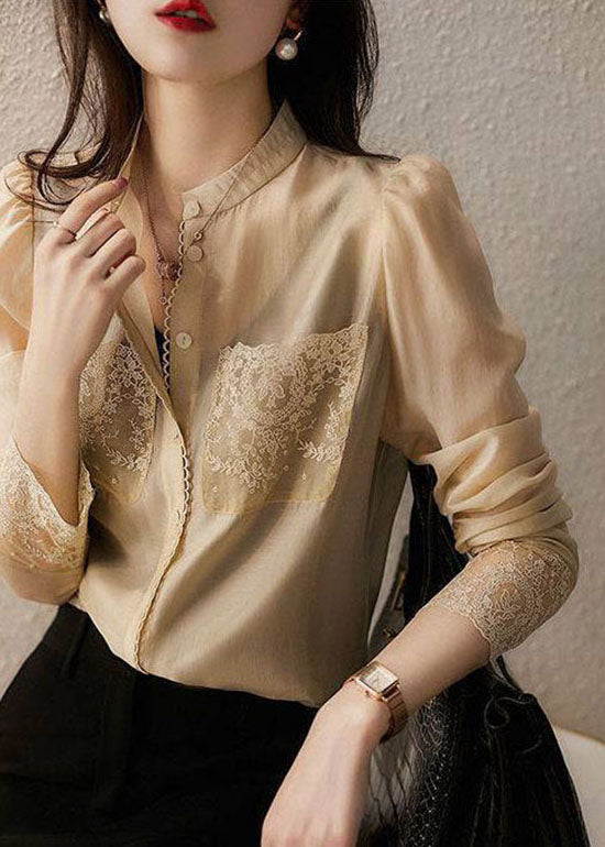 Chic Apricot Stand Collar button Lace Patchwork Chiffon Blouse Top Spring