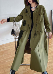 Chic Army Green Pockets Patchwork Button Zippered Fall Tie Waist Hooded Coat Long Sleeve - bagstylebliss