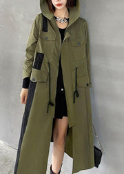 Chic Army Green Pockets Patchwork Button Zippered Fall Tie Waist Hooded Coat Long Sleeve - bagstylebliss