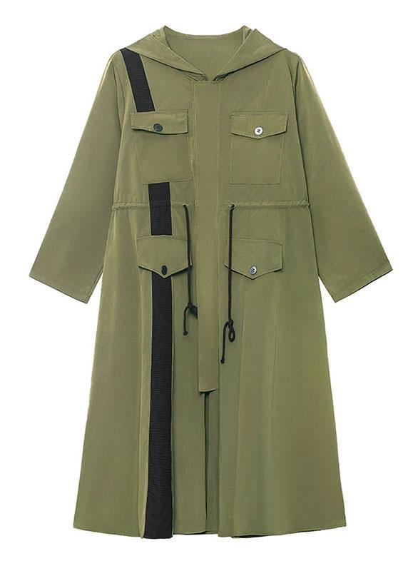 Chic Army Green Pockets Patchwork Button Zippered Fall Tie Waist Hooded Coat Long Sleeve - bagstylebliss