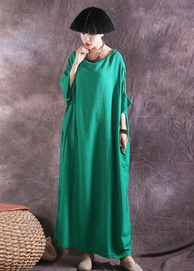 Chic Batwing Sleeve cotton linen dress Tutorials green o neck Dress summer - bagstylebliss