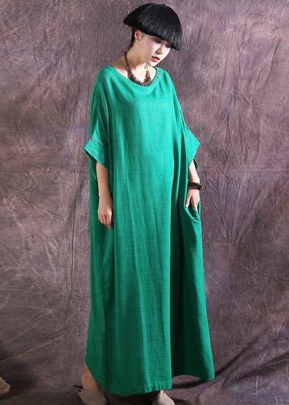 Chic Batwing Sleeve cotton linen dress Tutorials green o neck Dress summer - bagstylebliss