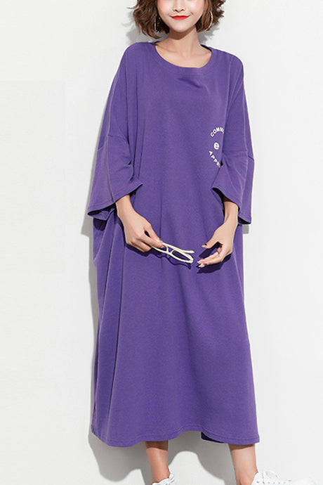 Chic Batwing Sleeve cotton tunic dress2019 Work Outfits purple print Maxi Dresses Summer