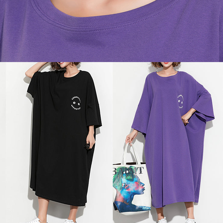 Chic Batwing Sleeve cotton tunic dress2024 Work Outfits purple print Maxi Dresses Summer