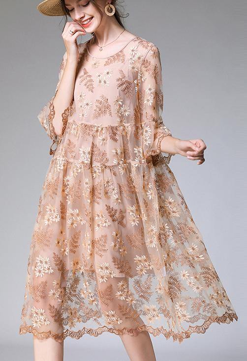 Chic Beige Embroidery O-Neck Summer Holiday Dress - bagstylebliss