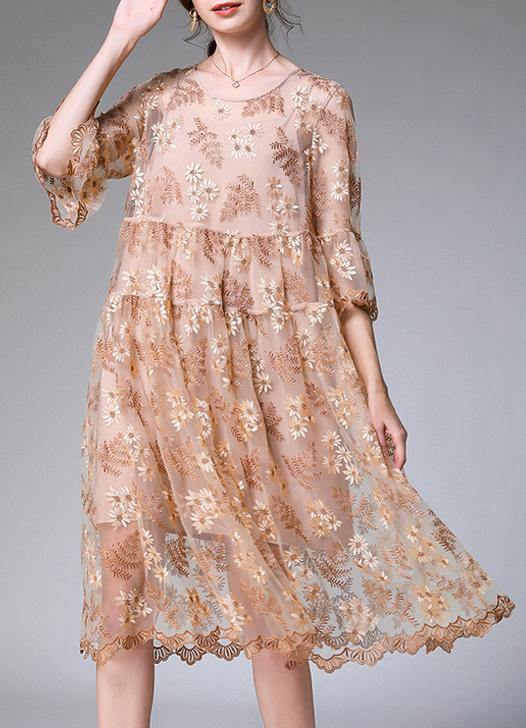 Chic Beige Embroidery O-Neck Summer Holiday Dress - bagstylebliss