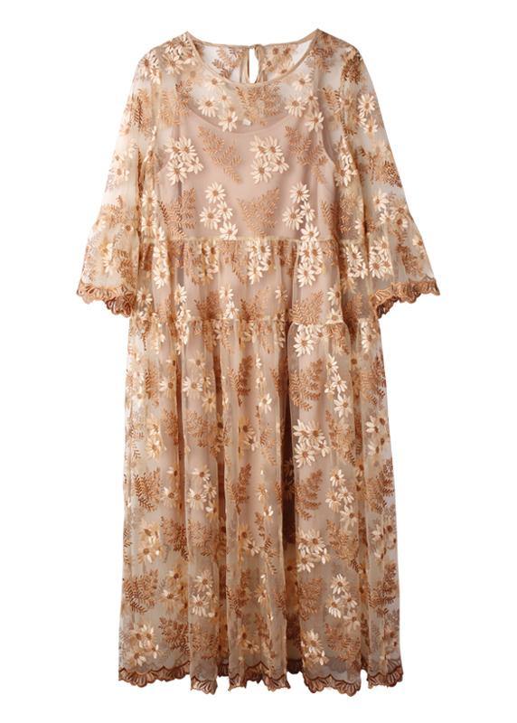 Chic Beige Embroidery O-Neck Summer Holiday Dress - bagstylebliss