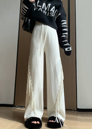 Chic Beige Tasseled Elastic Waist Cotton Knit Pants Spring