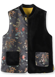 Chic Black Asymmetrical Embroidered Pockets Silk Velour Waistcoat Sleeveless