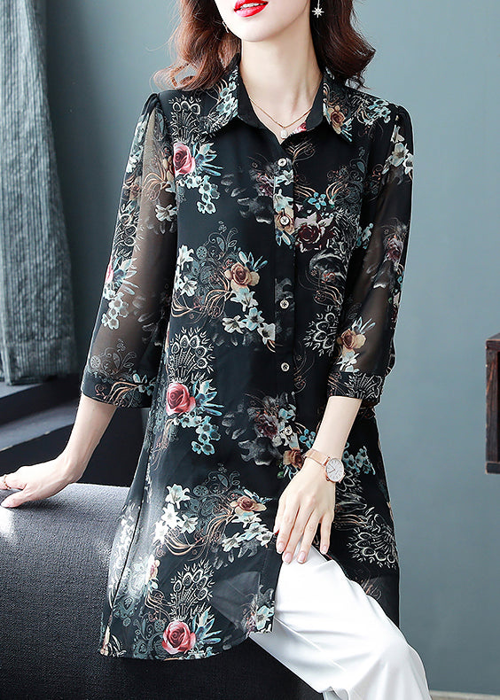 Chic Black Button Peter Pan Collar Print Long Chiffon Blouses Three Quarter sleeve