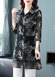 Chic Black Button Peter Pan Collar Print Long Chiffon Blouses Three Quarter sleeve