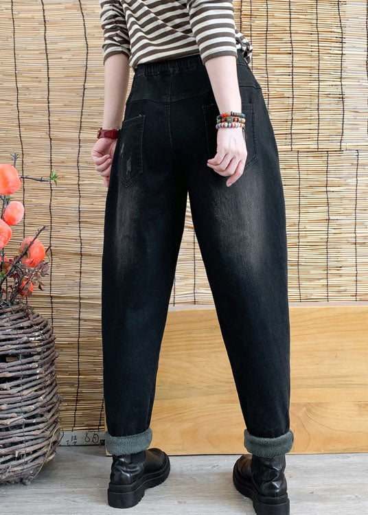 Chic Black Cinched Pockets denim harem pants Winter