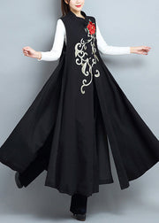 Chic Black Embroidered Side Open Patchwork Cotton Long Waistcoat Sleeveless