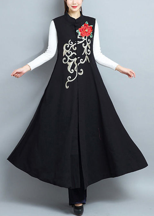 Chic Black Embroidered Side Open Patchwork Cotton Long Waistcoat Sleeveless