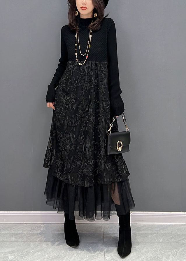 Chic Black Embroidered Tulle Patchwork Knit Dresses Winter