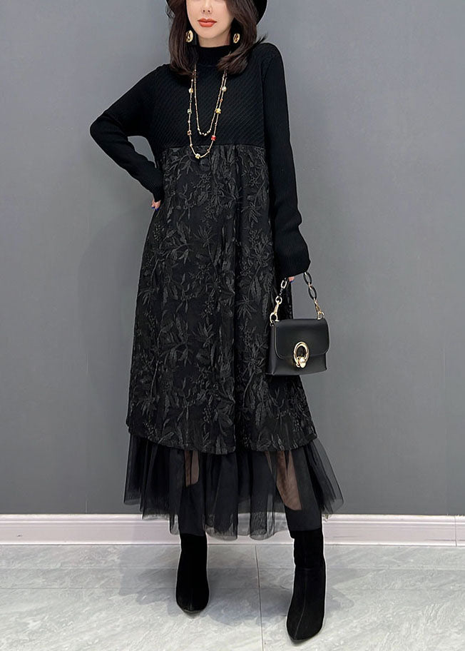 Chic Black Embroidered Tulle Patchwork Knit Dresses Winter