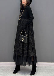 Chic Black Embroidered Tulle Patchwork Knit Dresses Winter