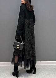 Chic Black Embroidered Tulle Patchwork Knit Dresses Winter