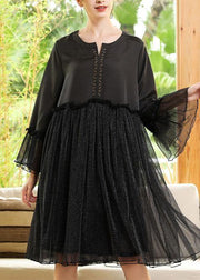 Chic Black Flare Sleeve Chiffon Patchwork Summer Dress - bagstylebliss