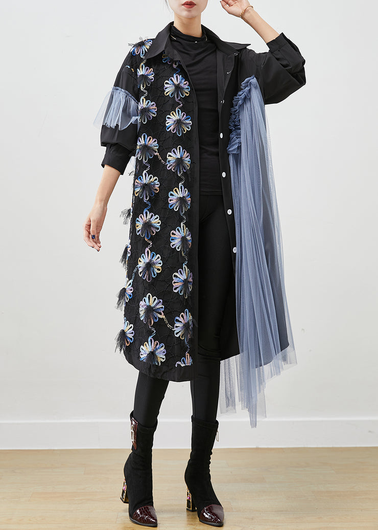 Chic Black Floral Ruffled Patchwork Tulle Cotton Shirt Dress Fall