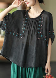 Chic Black O-Neck Embroideried Summer Ramie Half Sleeve - bagstylebliss