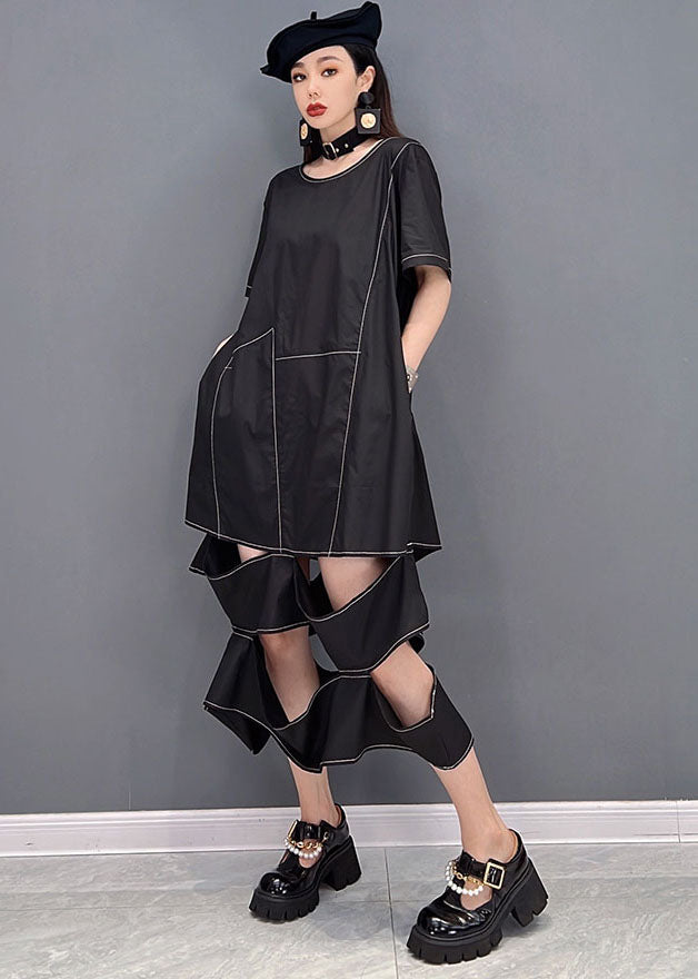 Chic Black O-Neck Ripped Patchwork Long Dress Short Sleeve