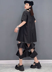 Chic Black O-Neck Ripped Patchwork Long Dress Short Sleeve