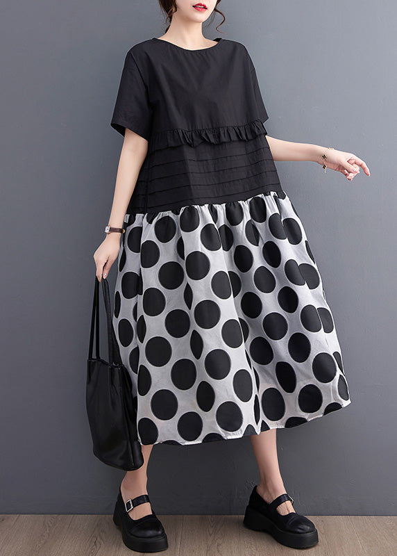 Chic Black O-Neck Ruffled Patchwork Print Dot Maxi Dress Short Sleeve