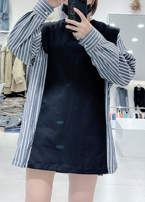 Chic Black O-Neck Striped Patchwork Sweatshirts Spring