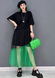 Chic Black O-Neck Tulle Patchwork Cotton Robe Dresses Short Sleeve