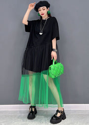 Chic Black O-Neck Tulle Patchwork Cotton Robe Dresses Short Sleeve