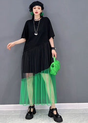 Chic Black O-Neck Tulle Patchwork Cotton Robe Dresses Short Sleeve