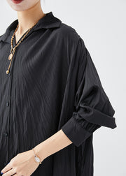 Chic Black Oversized Asymmetrical Design Cotton Shirt Dress Fall