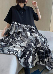 Chic Black Patchwork Print Cotton Button Summer Maxi Dress - bagstylebliss