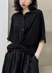 Chic Black Peter Pan Collar Asymmetrical Patchwork Cotton Shirt Top Summer