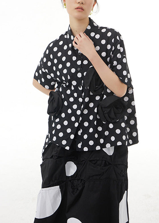 Chic Black Peter Pan Collar Dot Cotton Shirt Summer