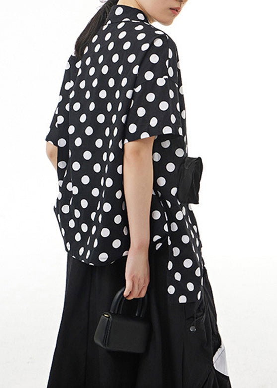 Chic Black Peter Pan Collar Dot Cotton Shirt Summer