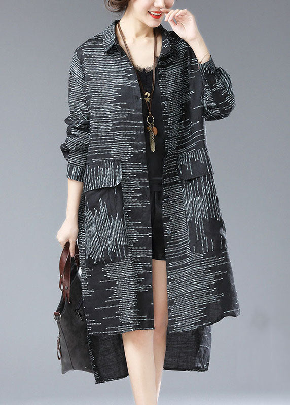 Chic Black Peter Pan Collar Print Pockets Patchwork Cotton Long Coat Fall