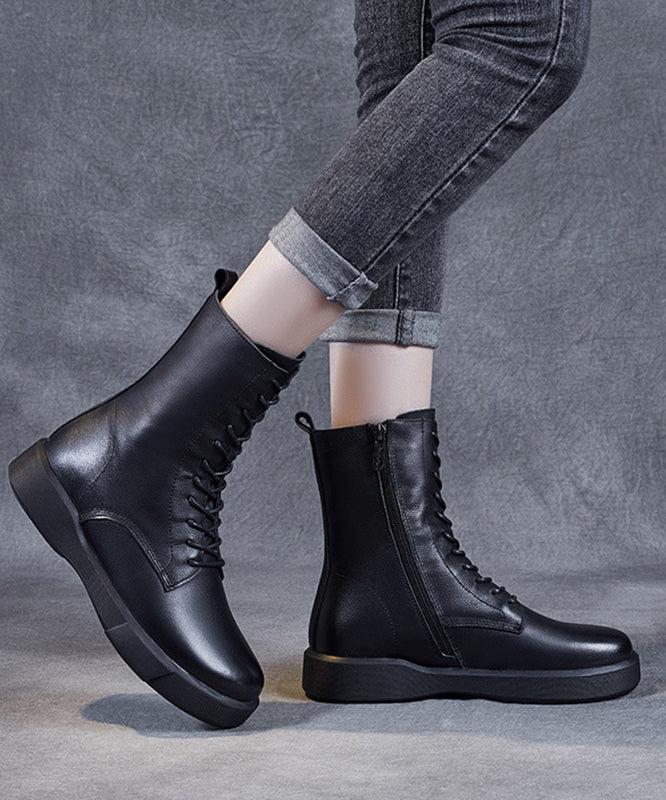 Chic Black Platform Cowhide Leather Lace Up Boots