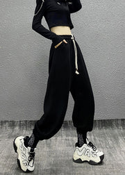 Chic Black Pockets Drawstring Warm Fleece Sport Beam Pants Winter