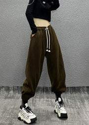 Chic Black Pockets Drawstring Warm Fleece Sport Beam Pants Winter