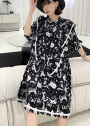 Chic Black Print Asymmetric Short Sleeve Dress - bagstylebliss