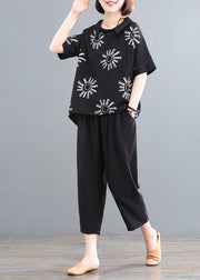 Chic Black Print O-Neck Top und Crop Pants Zweiteilige Sets Summe